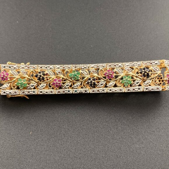Wheeler Manuf. Sterling Silver Gold Vermeil Ruby Emerald Sapphire 7" Bracelet - Picture 1 of 16